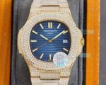 Replica Patek Philippe Nautilus Iced Out Yellow Gold Case Watch Blue Dial 